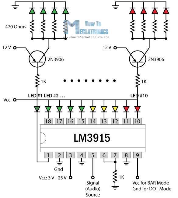 LM3915 Extended Outputs Circuit Schematics