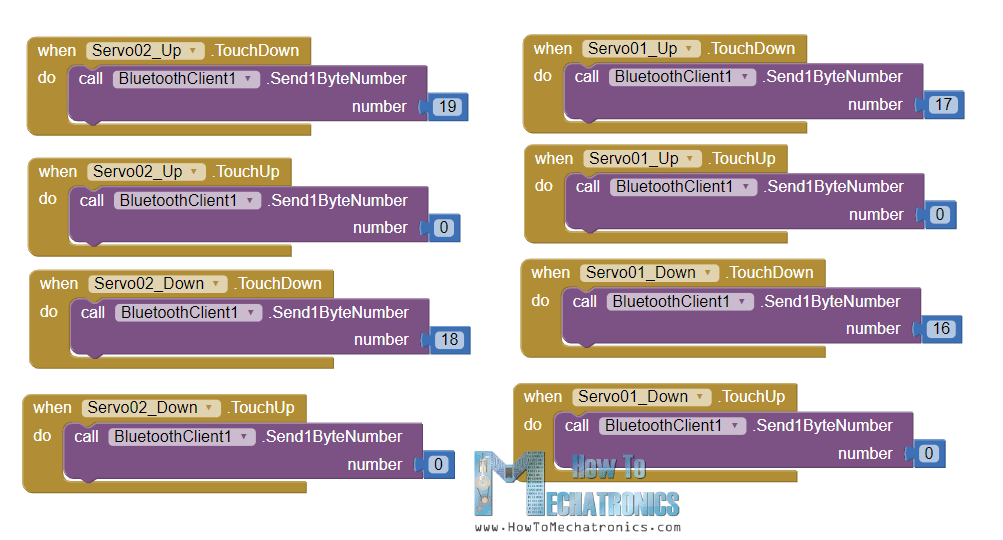 Android app blocks for the servo control of the Arduino robot arm