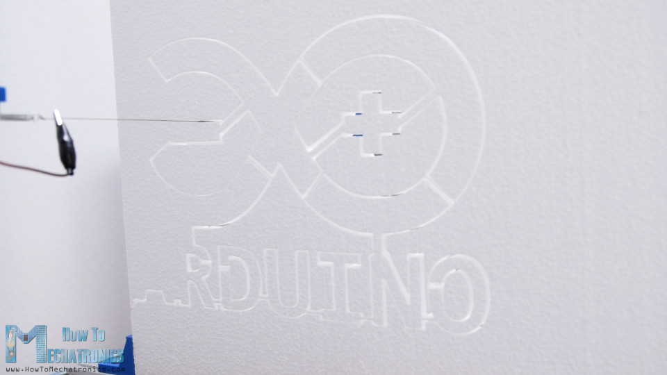 Arduino Logo being shaped on an Arduino CNC foam cutting machine