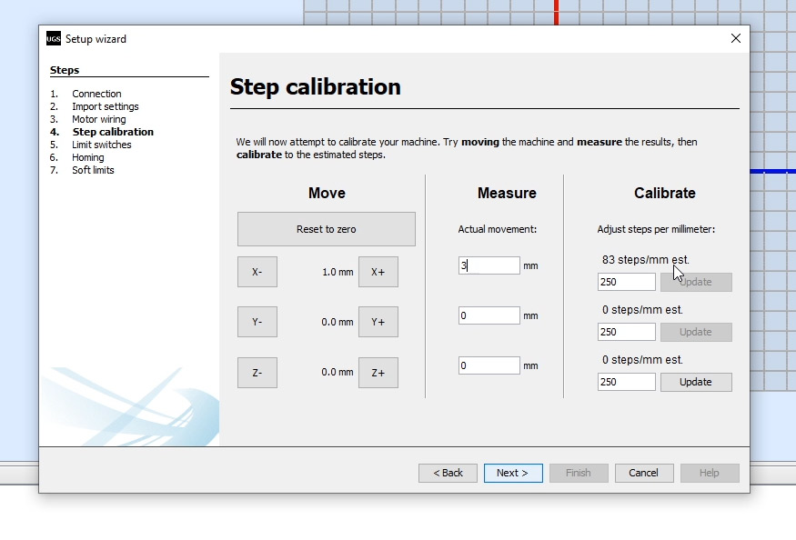 CNC machine step calibration with Universal G-code sender