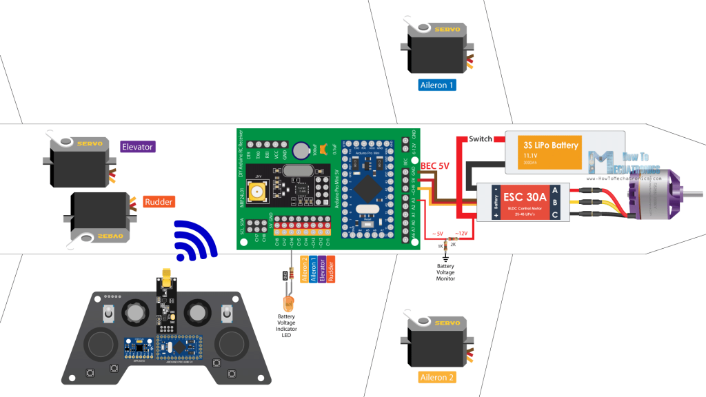 DIY Arduino RC Airplane Electronics - Circuit Diagram