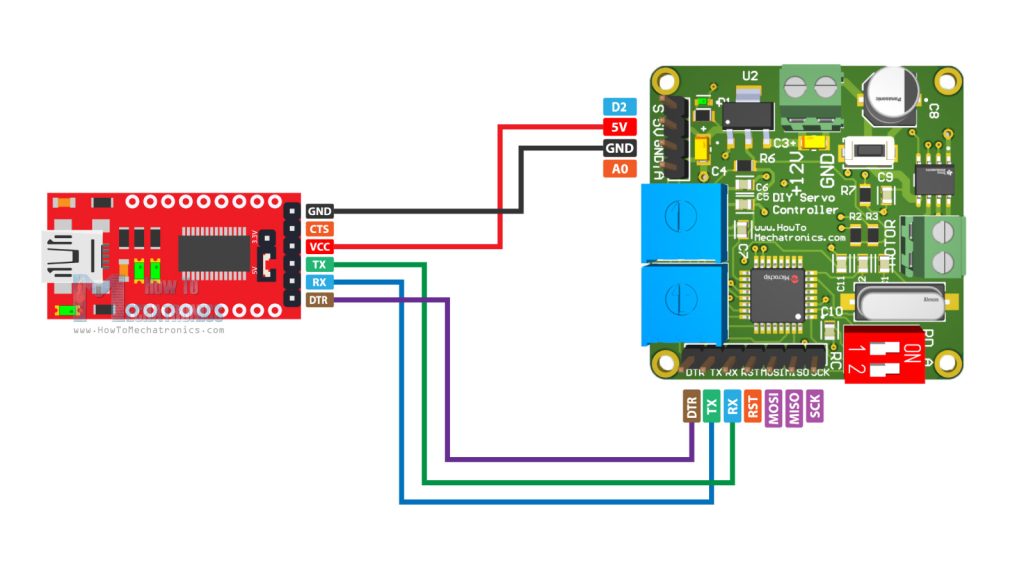FTDI module connection with the servo custom PCB for uploading the code
