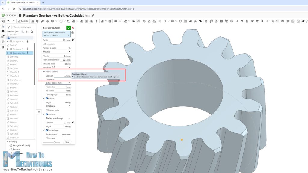 Adding offset to the gear when designing in Onshape to make sure we can assembly the gears